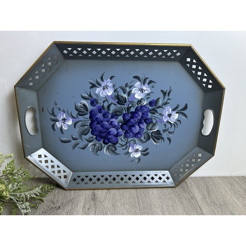 Vintage Blue Metal Nashco Tole Ware Tray Gold Trim Purple Flowers Hand Painted
